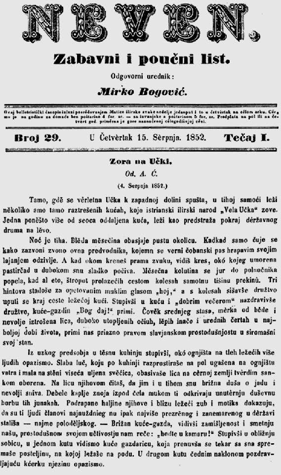 Avelin Ćepulić, Zora na Učki, »Neven«, 1852., br. 29